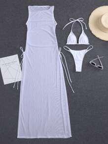 SHEIN Swim Summer Beach Mono Bikini Set Micro Triangle Bra & Thong & Mesh Cover Up 3 Pieces Bikini - White - View 3