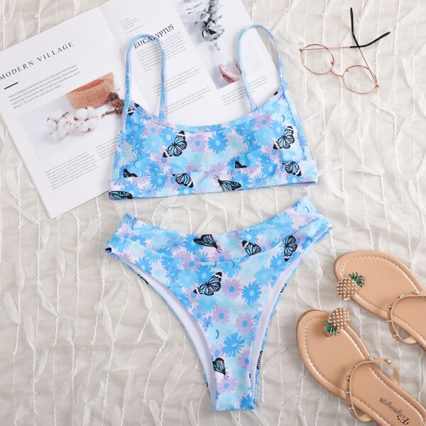 

Floral & Butterfly Print Bikini Swimsuit, Multicolor