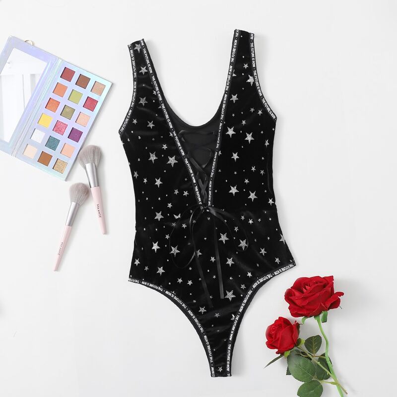

Galaxy Velvet Letter Lace Up Teddy Bodysuit, Black