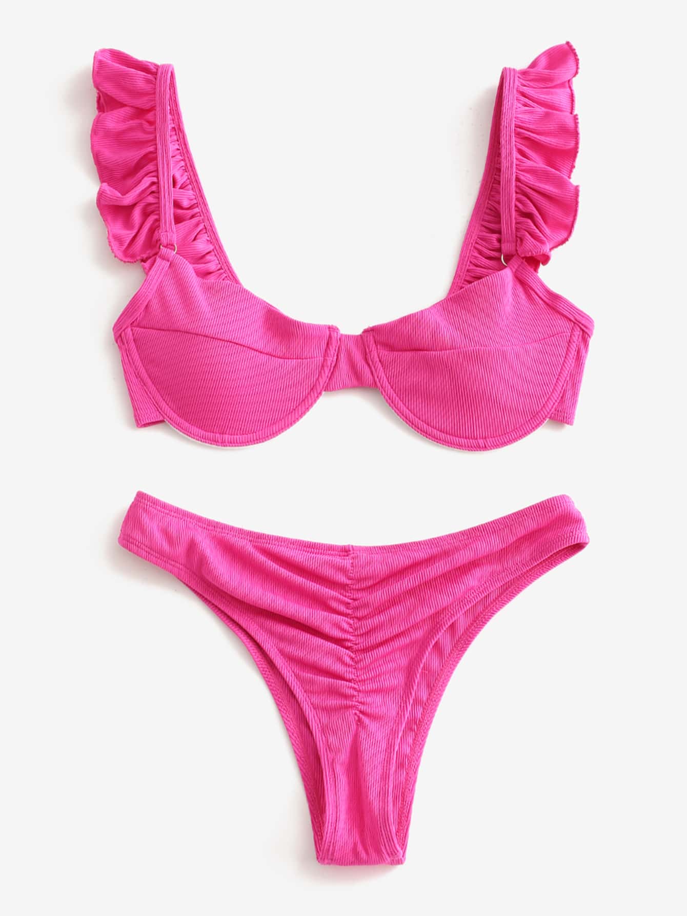 Swim Mod Summer Beach Ribbed Bikini Set Ruffle Underwire Bra & Ruched Cheeky Bottom 2 Piece Bathing Suit - Hot Pink - View 3
