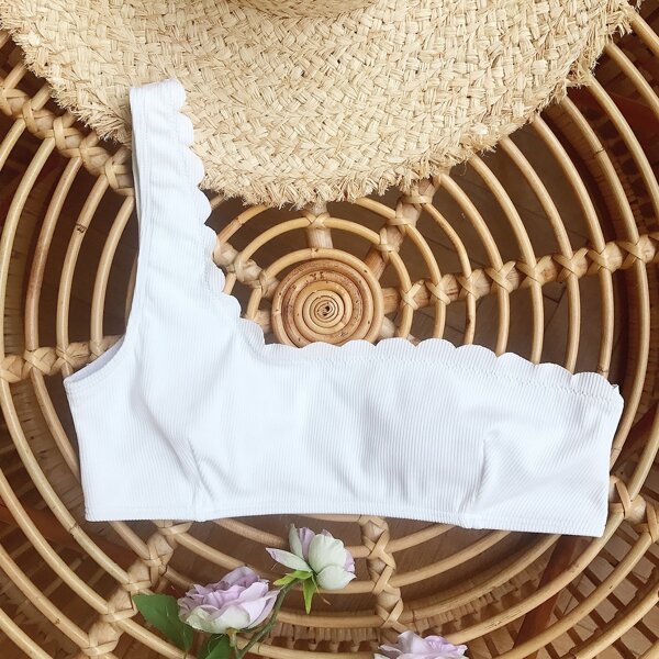 

Rib Scallop Trim One Shoulder Bikini Top, White