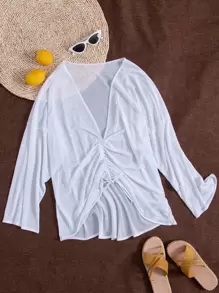 Mesh Drawstring Ruched Cover Up - White - View 3