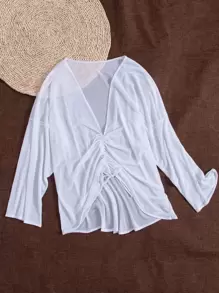 Mesh Drawstring Ruched Cover Up - White - View 5