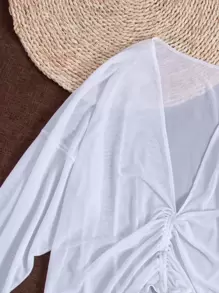 Mesh Drawstring Ruched Cover Up - White - View 6