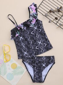 Ropa de playa de verano con volantes con estampado geométrico y floral para niña bebé - Negro - Ver 1