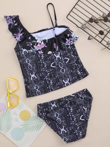 Ropa de playa de verano con volantes con estampado geométrico y floral para niña bebé - Negro - Ver 2