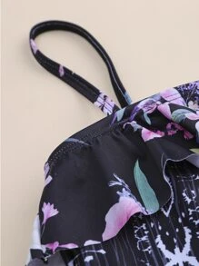 Ropa de playa de verano con volantes con estampado geométrico y floral para niña bebé - Negro - Ver 3