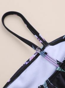 Ropa de playa de verano con volantes con estampado geométrico y floral para niña bebé - Negro - Ver 4