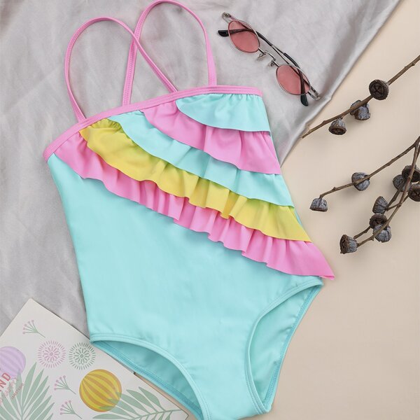 

Toddler Girls Tiered Layer One Piece Swimsuit, Mint blue
