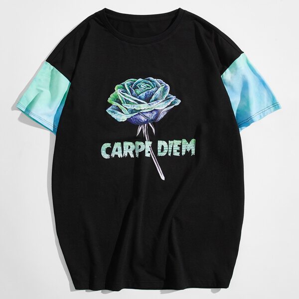 

1pc Rose & Slogan Graphic Tee, Black