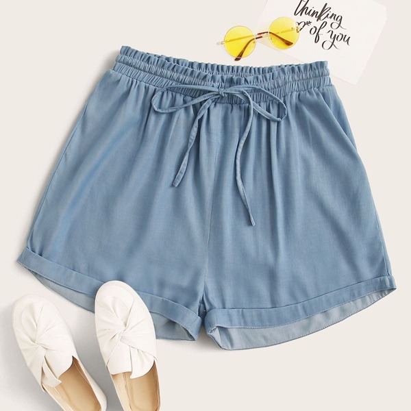

Plus Rolled Cuff Drawstring Waist Shorts, Dusty blue