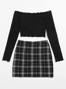 SHEIN EZwear Conjunto top ribete en forma de lechuga de hombros descubiertos con falda de cuadros bajo con abertura