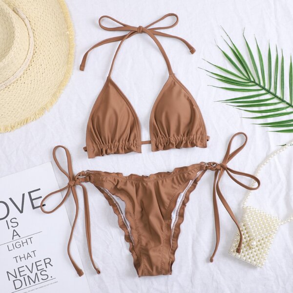 

Plus Lettuce Trim Halter Bikini Swimsuit, Brown