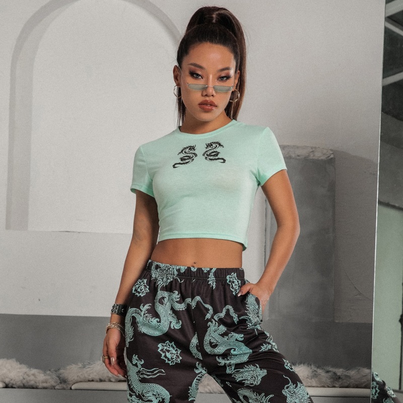 

Double Dragon Print Crop Tee, Pastel mint green