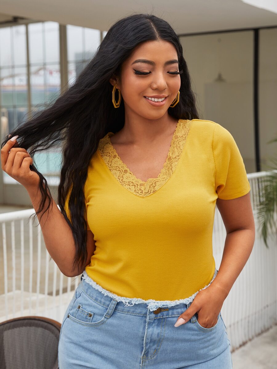 SHEIN Camiseta tejida de canalé ribete con encaje - Amarillo - Ver 1