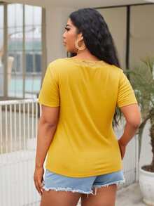 SHEIN Camiseta tejida de canalé ribete con encaje - Amarillo - Ver 2