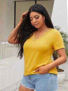SHEIN Camiseta tejida de canalé ribete con encaje - Amarillo - Ver 4