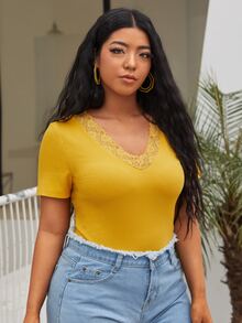 SHEIN Camiseta tejida de canalé ribete con encaje - Amarillo - Ver 5