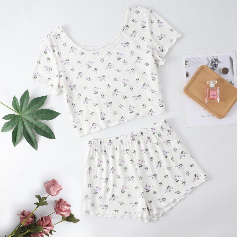

Ditsy Floral Lettuce Trim Pajama Set, White