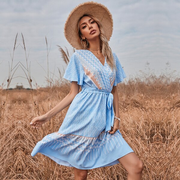 

Geo Print Surplice Front Belted Ruffle Hem Dress, Blue