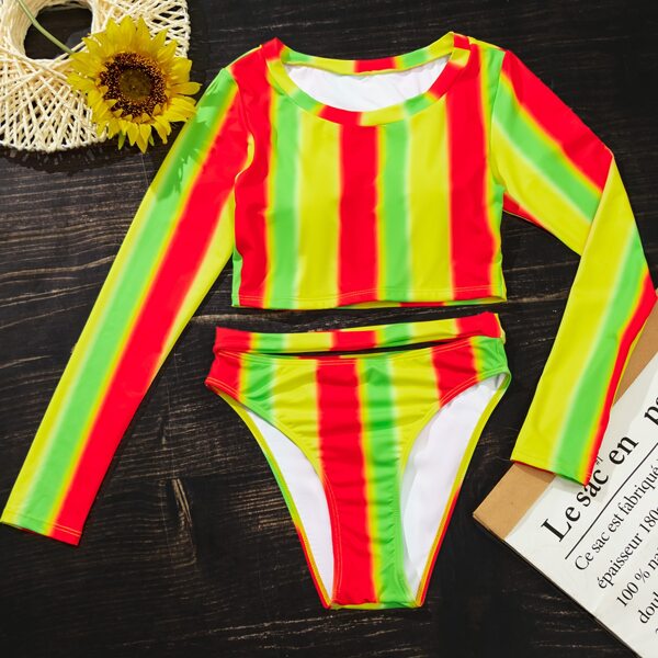 

Striped Cut-out High Waisted Bikini Swimsuit, Multicolor