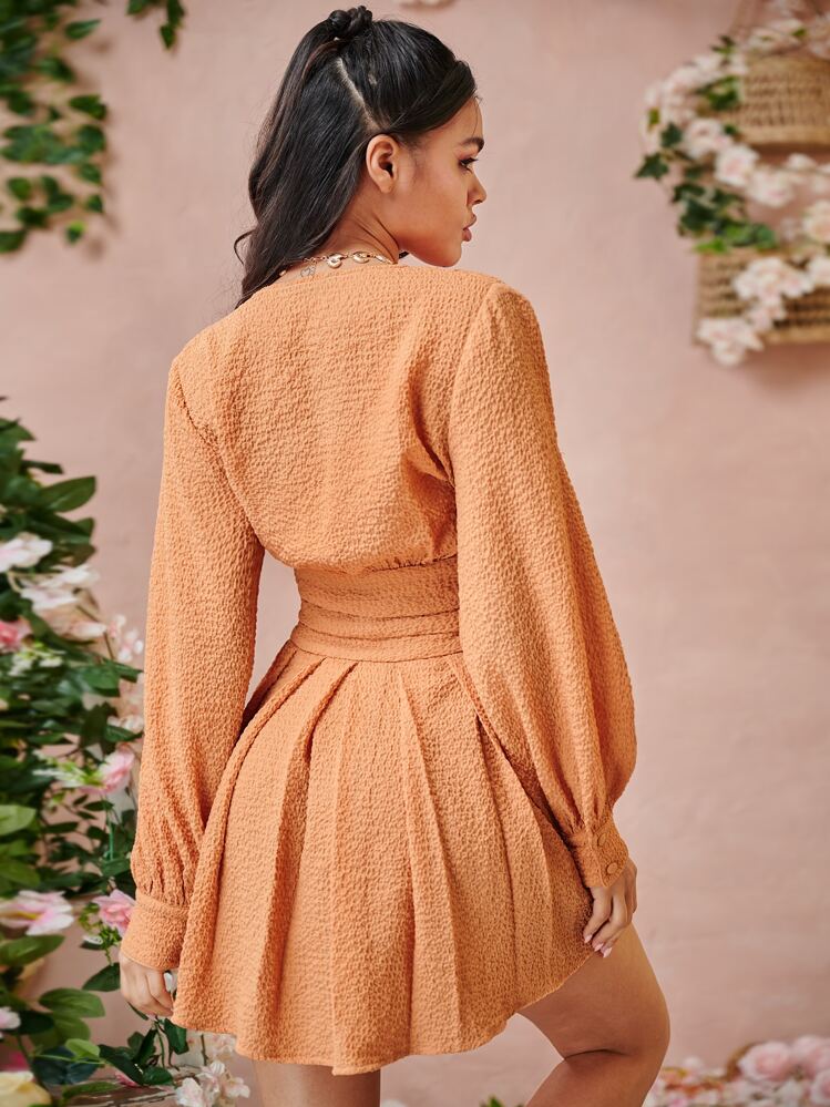 shein empire waist dress SHEIN BAE CURVE Plus Size Women V-Neck Long Dress,Charming Women's Empire  Waist V Neck Mini Dress Fashionable Long Sleeve Pleated A Line Dress Fall