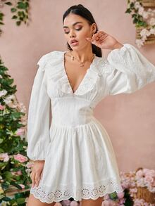 SHEIN Vestido schiffy ribete fruncido - Blanco - Ver 5