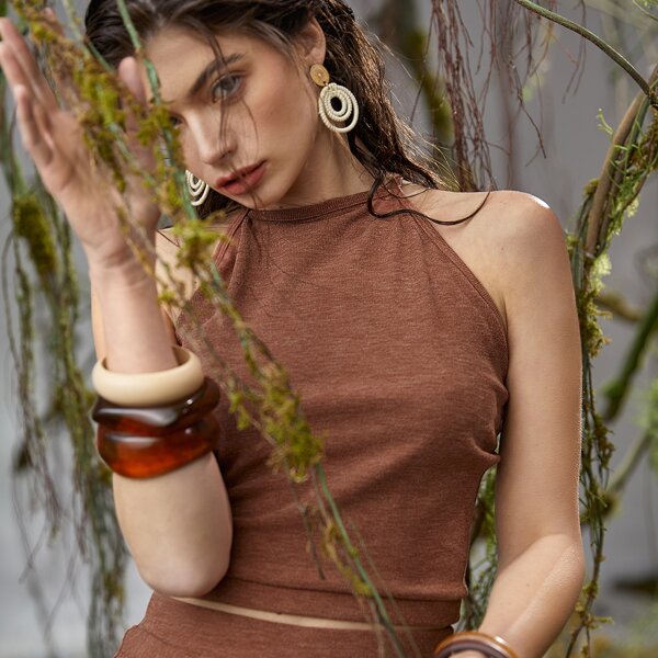 

Drawstring Tie Back Halter Top, Coffee brown