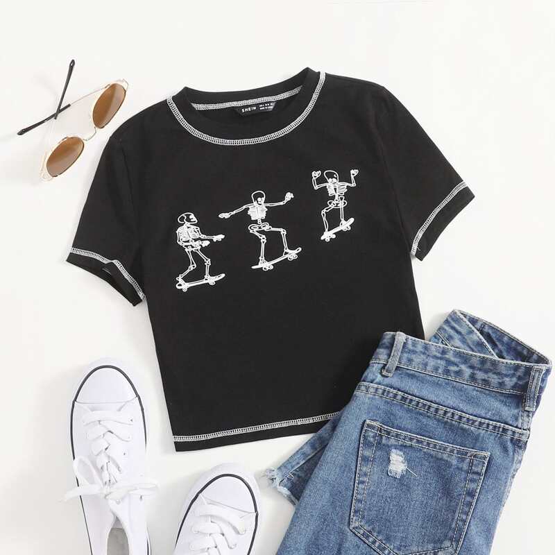 

Skeleton Print Stitch Tee, Black