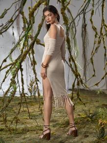 SHEIN Cold Shoulder Fringe Hem Dress - Khaki - View 3