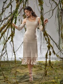 SHEIN Cold Shoulder Fringe Hem Dress - Khaki - View 4