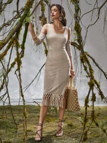 SHEIN Cold Shoulder Fringe Hem Dress - Khaki - View 5