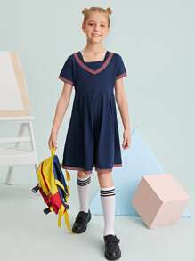 SHEIN Girls Square Neck Striped Dress - Navy Blue - View 1