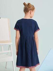 SHEIN Girls Square Neck Striped Dress - Navy Blue - View 2