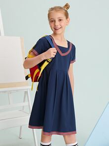 SHEIN Girls Square Neck Striped Dress - Navy Blue - View 3