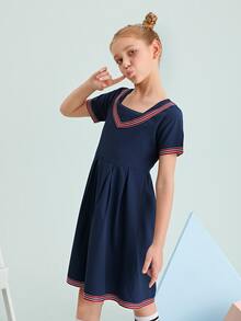SHEIN Girls Square Neck Striped Dress - Navy Blue - View 4