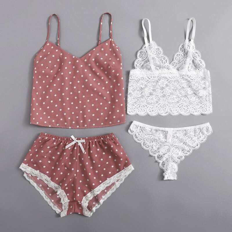 

4pack Polka Dot Lace Lingerie Set, Multicolor