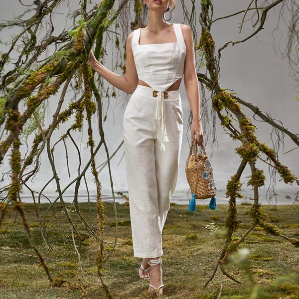 

Zipper Back High-low Hem Tank Top & Grommet Eyelet Knot Waist Pants Set, White