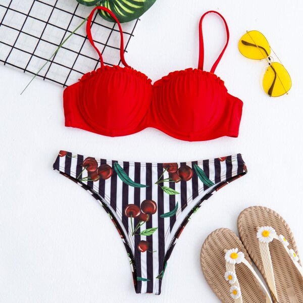

Cherry & Striped Frill Push Up Bikini Swimsuit, Multicolor