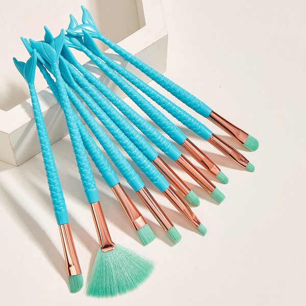 

10pcs Fish Tail Design Makeup Brush, Blue