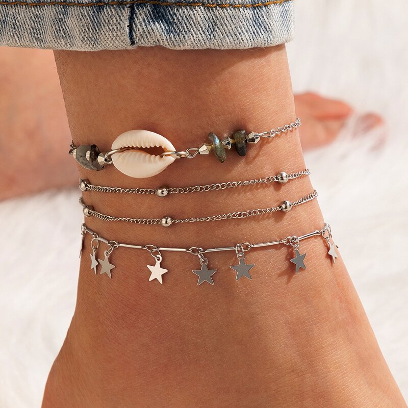 

3pcs Shell & Star Chain Anklet, Silver
