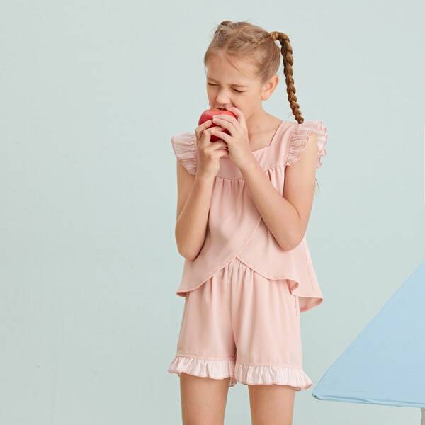 

Girls Ruffle Armhole Cross Wrap Front Top & Striped Ruffle Hem Shorts Set, Baby pink