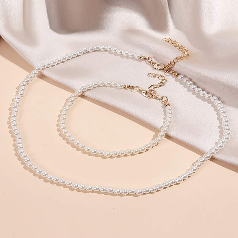 

1pc Faux Pearl Beaded Necklace & Bracelet, White