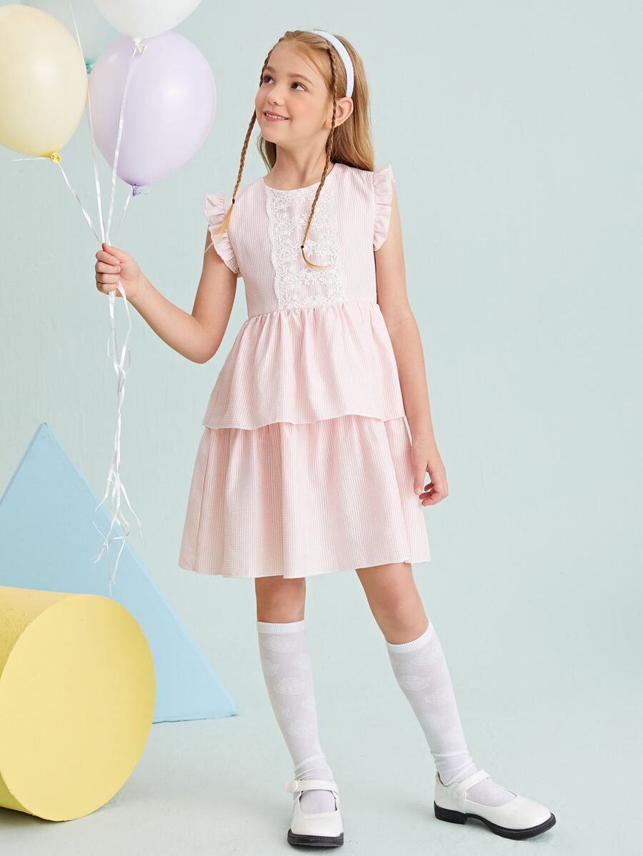 SHEIN Girls Ruffle Armhole Lace Detail Layered Hem Plaid Dress - Baby Pink - View 1
