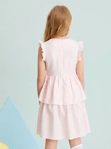 SHEIN Girls Ruffle Armhole Lace Detail Layered Hem Plaid Dress - Baby Pink - View 2