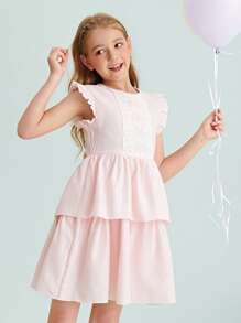 SHEIN Girls Ruffle Armhole Lace Detail Layered Hem Plaid Dress - Baby Pink - View 3