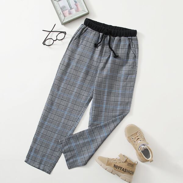 

Boys Drawstring Waist Plaid Pants, Multicolor