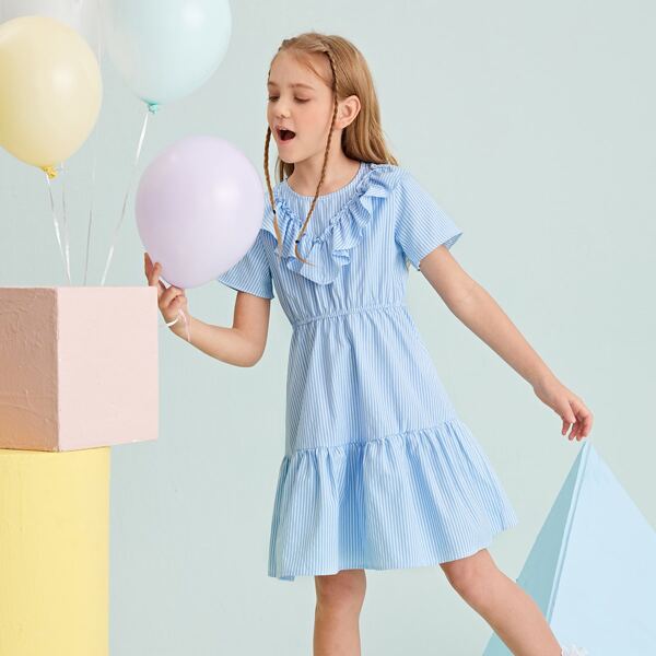

Girls Ruffle Trim Striped Dress, Blue and white