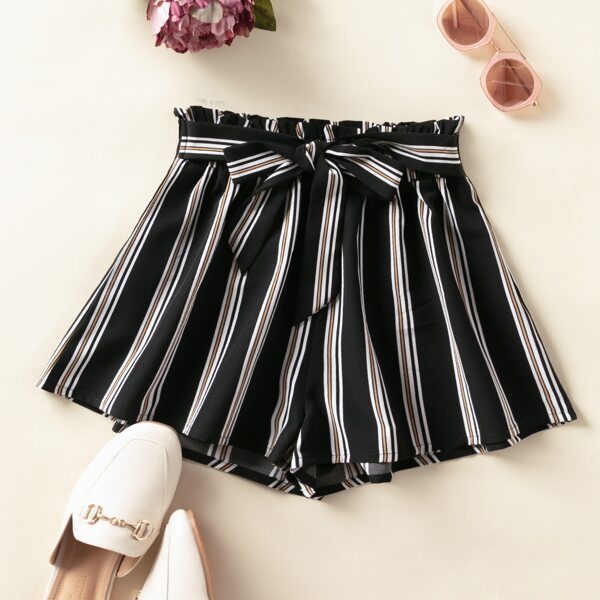 

Paperbag Waist Belted Striped Shorts, Multicolor