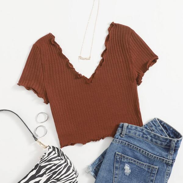 

Lettuce Trim Rib-knit Crop Tee, Rust brown